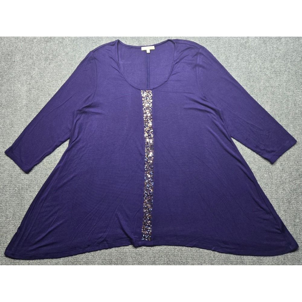 Joan Vass New York Blouse Womens XL Purple Embellished Tunic Top 3/4 Sleeve